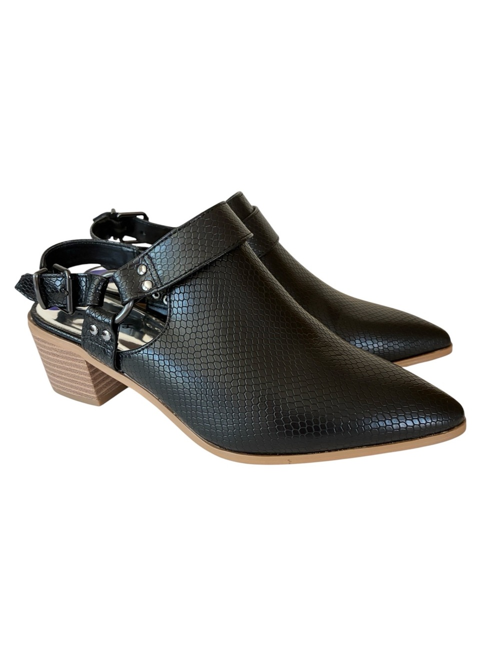 Carlos Santana Pacey Black Textured Pointed Toe Slingback Mules Block Heel